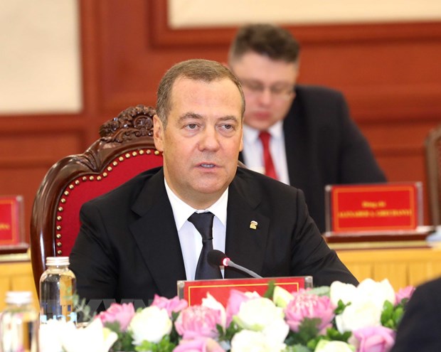 Chủ tịch Đảng Nước Nga Thống nhất, Phó Chủ tịch Hội đồng An ninh Liên bang Nga Dmitry Medvedev phát biểu tại hội đàm. (Ảnh: Phương Hoa/TTXVN)