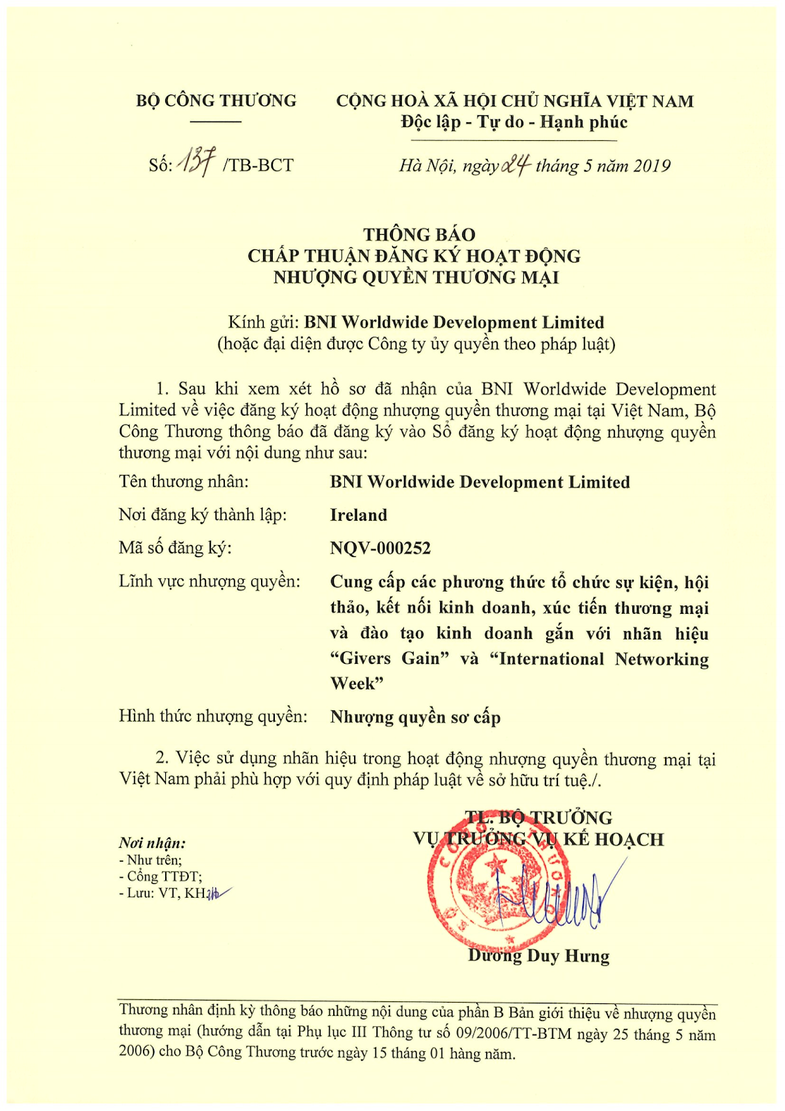 Chứng nhận nhượng quyền BNI Việt Nam của Bộ Công Thương.