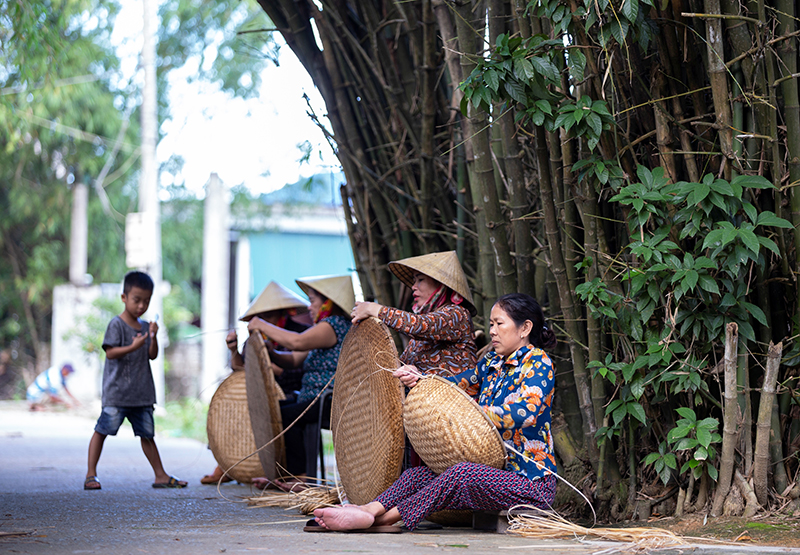 Từ bao đời nay, người làng Thọ Đơn vẫn giữ thói quen tập trung ngồi đan lát dưới những rặng tre làng.