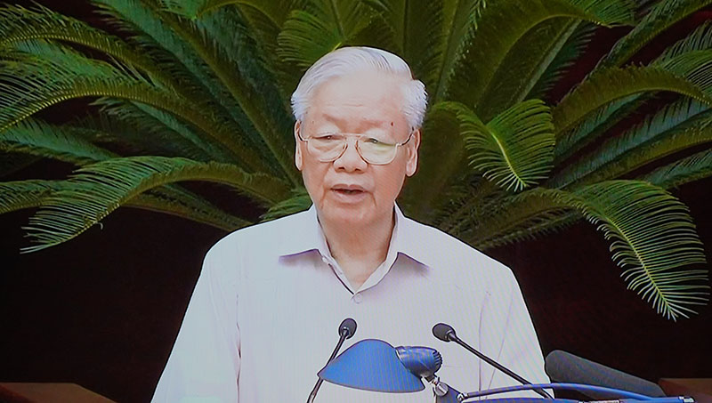 Đồng chí Nguyễn Phú Trọng, Tổng Bí thư, Trưởng BCĐTW về PCTN,TC phát biểu chỉ đạo hội nghị (ảnh chụp qua màn hình)