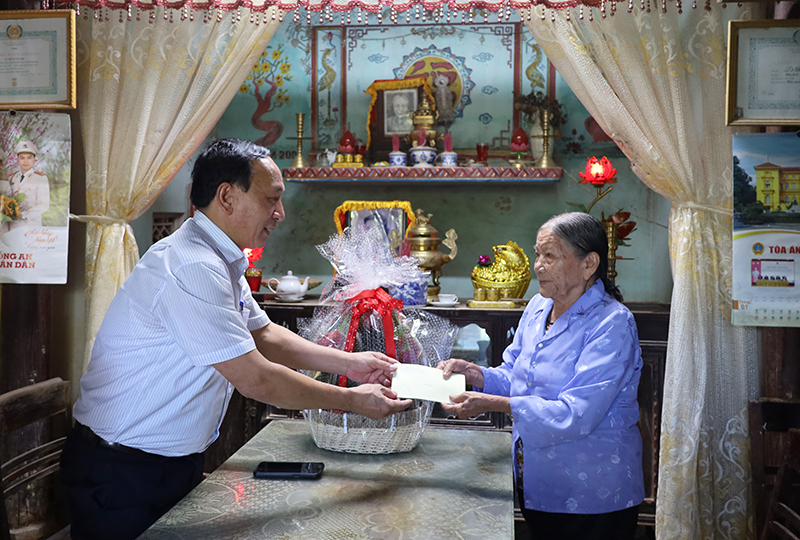 Đồng chí Phó Bí thư Thường trực Tỉnh ủy Trần Hải Châu tặng quà động viên bà Lê Thị Xuân Thu.