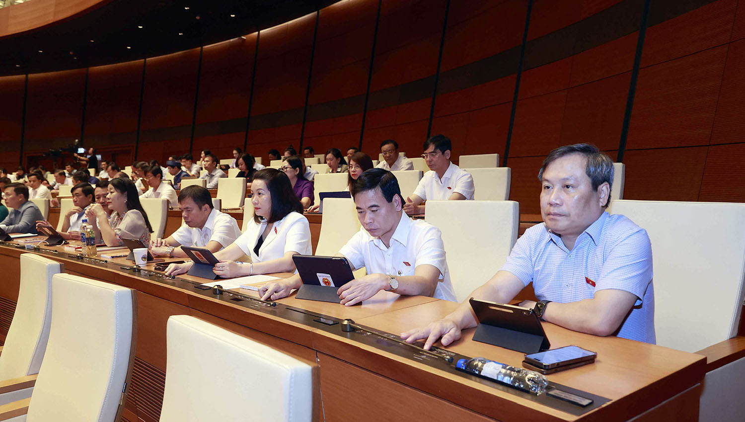 Các ĐBQH tỉnh bấm nút biểu quyết thông qua các nghị quyết