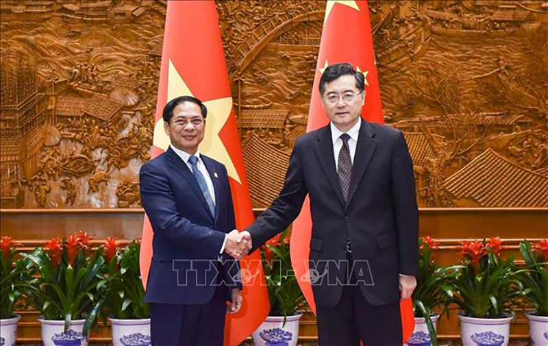 Bộ trưởng Ngoại giao Bùi Thanh Sơn và Ủy viên Quốc vụ, Bộ trưởng Ngoại giao Trung Quốc Tần Cương. Ảnh:TTXVN/phát