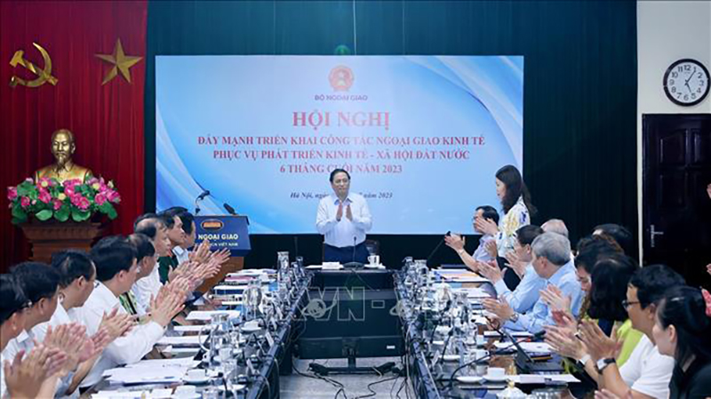 Thủ tướng Phạm Minh Chính dự Hội nghị đẩy mạnh triển khai công tác ngoại giao kinh tế. Ảnh: Dương Giang-TTXVN