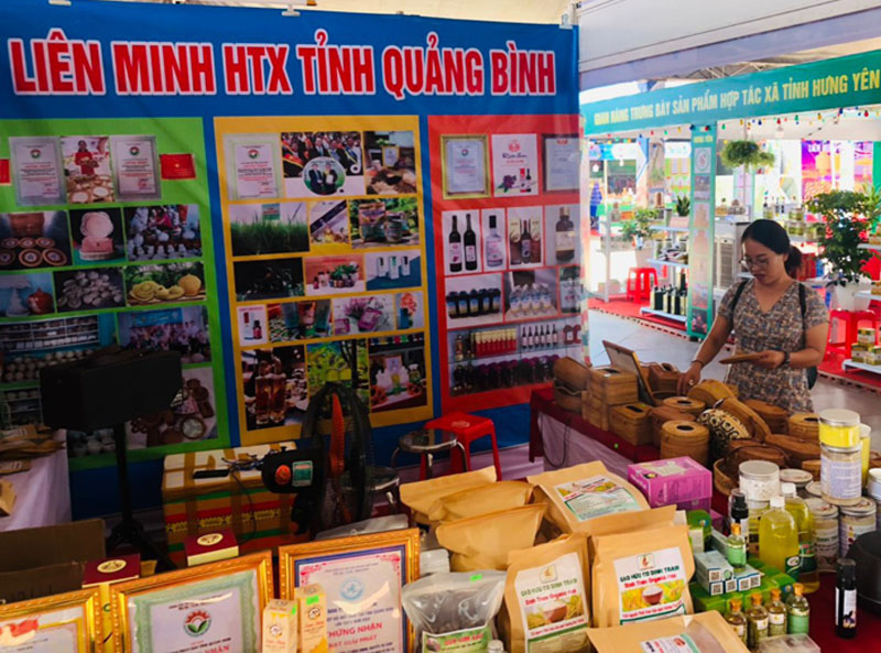 Người tiêu dùng xem các sản phẩm tại gian hàng trưng bày của Liên minh HTX tỉnh Quảng Bình