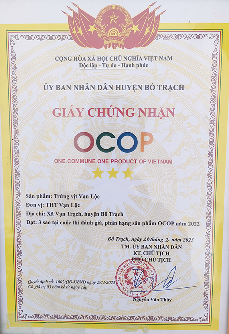 Việc được công nhận sản phẩm OCOP 3 sao, góp phần giúp trứng vịt Vạn Lộc khẳng định thương hiệu, mở rộng thị trường.