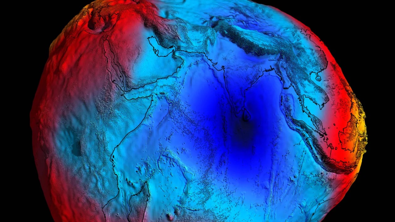 Những khu vực có trọng lực yếu (màu xanh) và mạnh (mày đỏ) trên Trái Đất. Ảnh: ESA/HPF/DLR