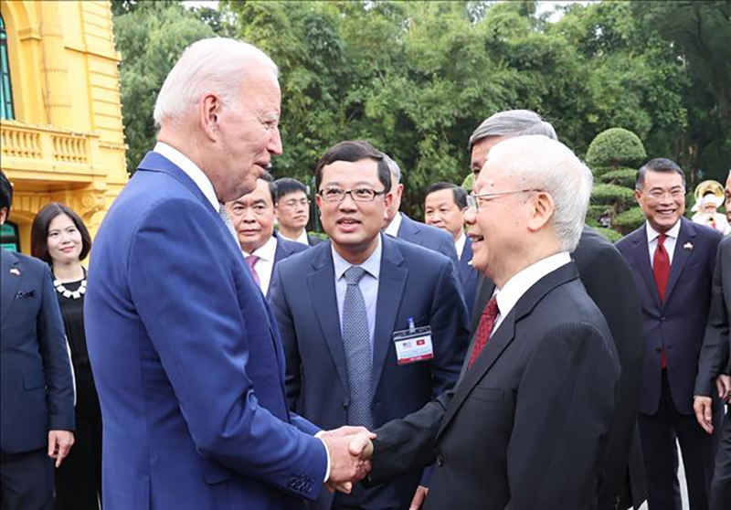  Tổng Bí thư Nguyễn Phú Trọng đón Tổng thống Hoa Kỳ Joe Biden, chiều 10/9/2023. Ảnh: Trí Dũng/TTXVN