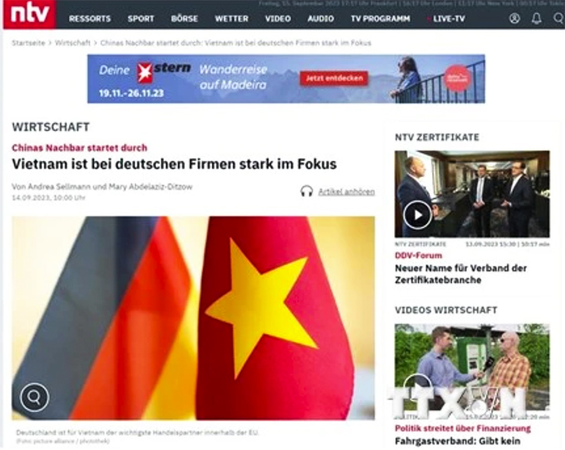  Trang NTV của Đức ngày đăng bài viết về sự hấp dẫn của thị trường Việt Nam. (Ảnh: TTXVN)