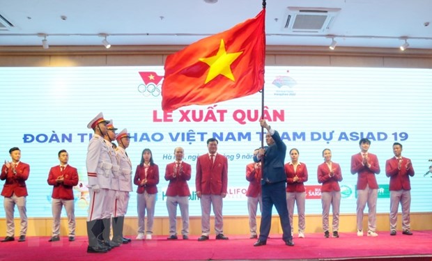 Lễ xuất quân Đoàn Thể thao Việt Nam tham dự ASIAD 19. (Ảnh: Tuấn Đức/TTXVN)