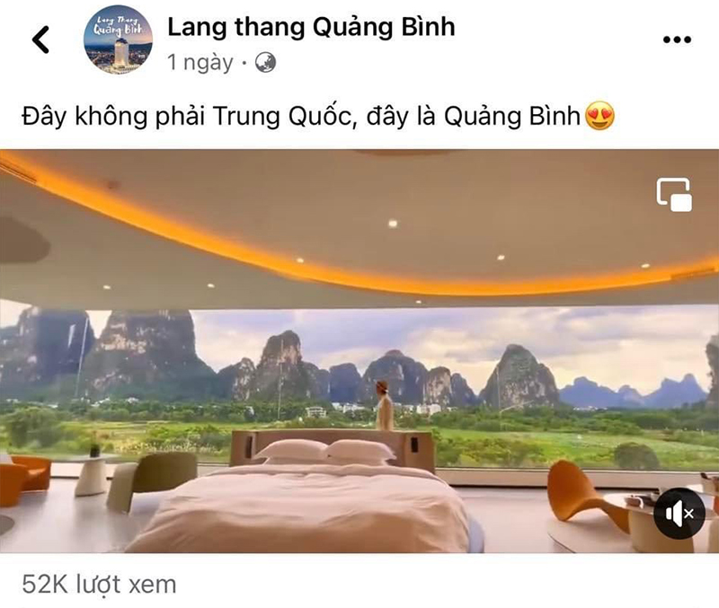 Hình ảnh một khách sạn tại Trung Quốc được trang Lang thang Quảng Bình chia sẻ và “gắn mác” du lịch Quảng Bình.