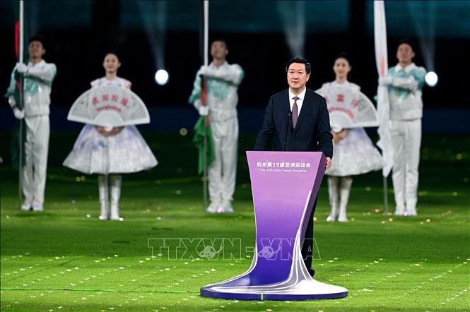 Chủ tịch Ủy ban Olympic Trung Quốc Cao Chí Đan, đồng thời là Trưởng ban tổ chức ASIAD 2023, phát biểu bế mạc đại hội. Ảnh: THX/TTXVN