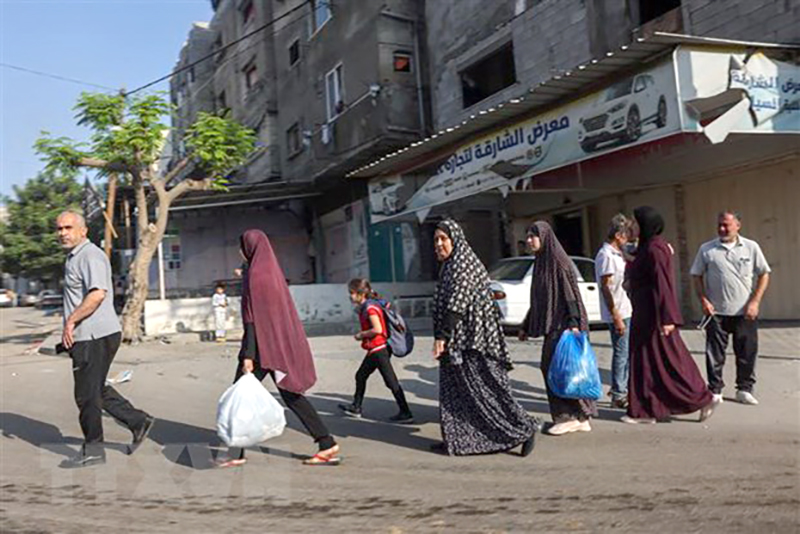  Người dân Palestine sơ tán tới các khu vực an toàn ở Gaza sau các cuộc không kích của Israel, ngày 13/10. (Ảnh: AFP/TTXVN)