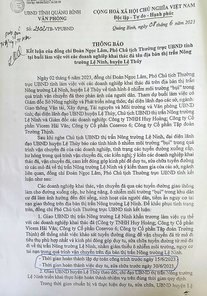 Các doanh nghiệp “phớt lờ” chỉ đạo của UBND tỉnh tại Thông báo kết luận số 2302/TB-VPUBND.