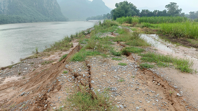 Nhiều vết nứt chạy dài theo bờ sông Gianh cho thấy nguy cơ sạt lở đang tiếp tục.
