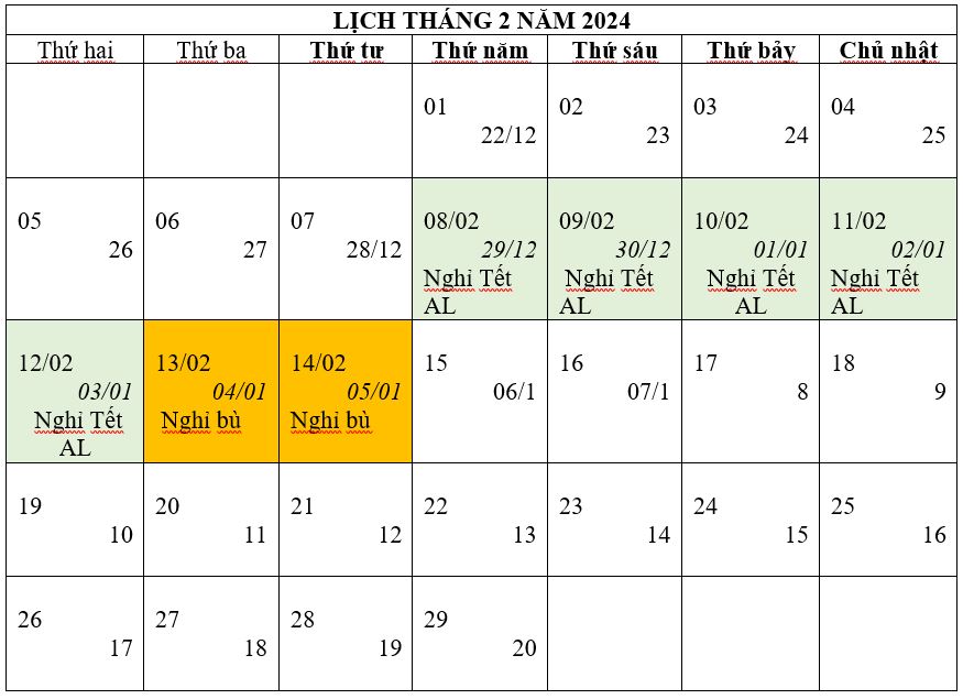 Lịch nghỉ Tết Âm lịch năm 2024. (Ảnh: PV/Vietnam+)