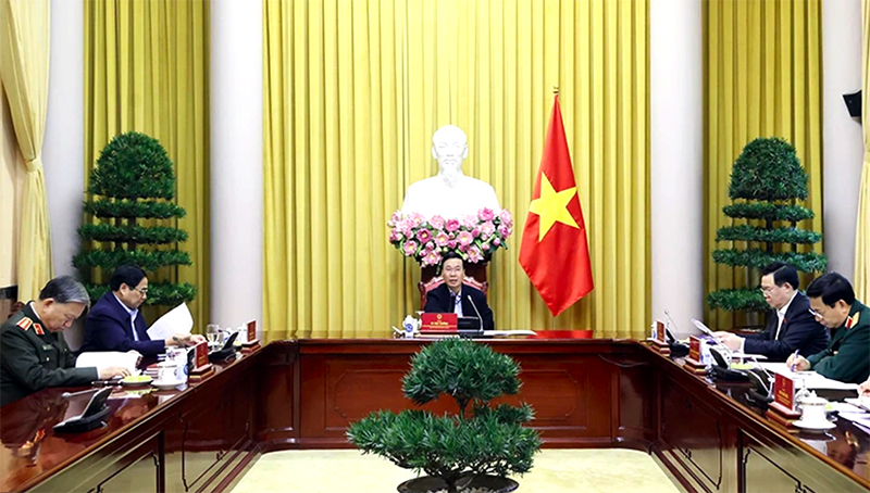Chủ tịch nước Võ Văn Thưởng chủ trì Phiên họp thứ tư Hội đồng Quốc phòng và An ninh nhiệm kỳ 2021-2026. (Ảnh: TTXVN)