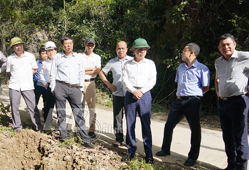 Đồng chí Phó Chủ tịch UBND tỉnh Phan Mạnh Hùng kiểm tra một điểm chồng lấn cần xử lý của dự án Đầu tư công trình cấp điện lưới cho các xã Tân Trạch, Thượng Trạch và Dự án nâng cấp, mở rộng đường tỉnh 562.