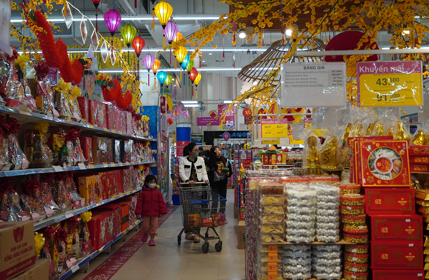 Tại các siêu thị lớn, khách chủ yếu mới mua sắm đồ dùng thiết yếu chứ chưa sắm hàng Tết.