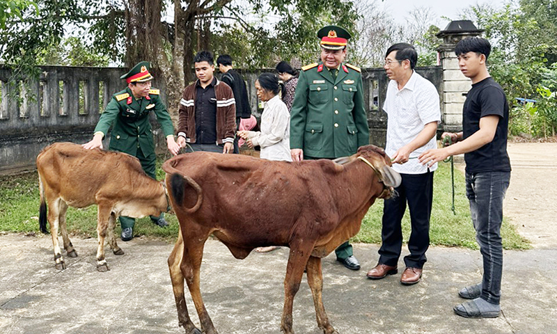 Lãnh đạo Ủy ban MTTQVN huyện Bố Trạch, Ban Chỉ huy Quân sự huyện Bố Trạch trao tặng bò sinh kế cho các gia đình tại bản Khe Ngát, thị trấn Nông trường Việt Trung (Bố Trạch).