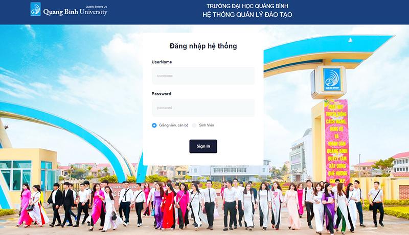 Giao diện hệ thống phần mềm quản lý đào tạo sinh viên của Trường đại học Quảng Bình.