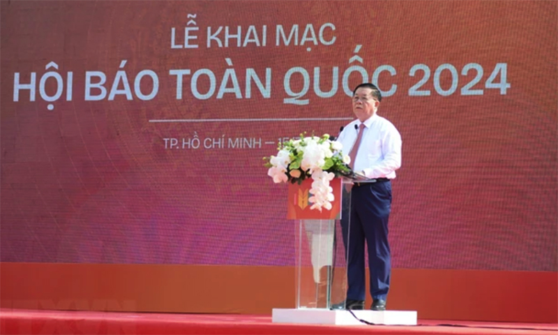 Đồng chí Nguyễn Trọng Nghĩa, Bí thư Trung ương Đảng, Trưởng Ban Tuyên giáo Trung ương phát biểu tại Hội Báo toàn quốc 2024. (Ảnh: Thu Hương/TTXVN)