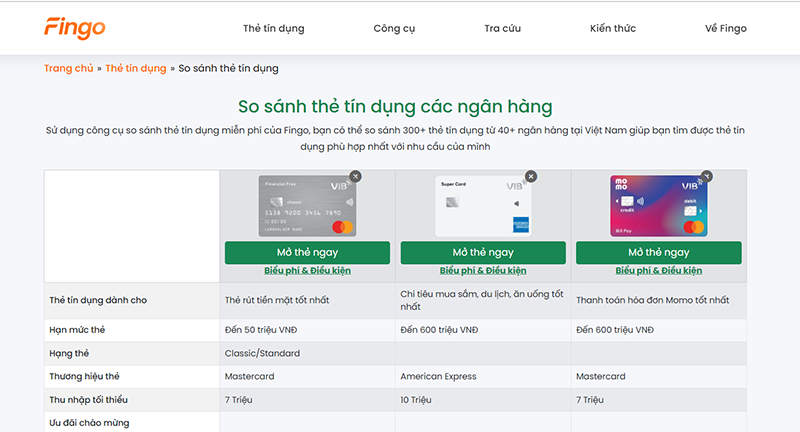Dễ dàng so sánh và chọn thẻ tín dụng phù hợp với công cụ so sánh thẻ của Fingo