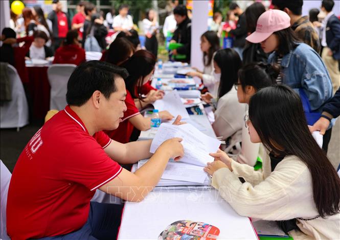 Cán bộ tư vấn của trường đại học Hà Nội giới thiệu về thông tin tuyển sinh của trường, giải đáp thắc mắc của học sinh trong Ngày hội Tư vấn tuyển sinh - hướng nghiệp 2024 tại Hà Nội. Ảnh: Thanh Tùng/TTXVN