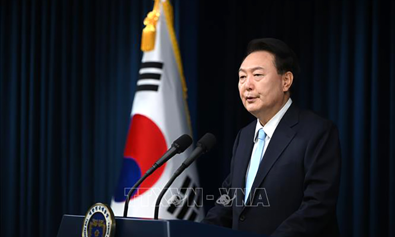 Tổng thống Hàn Quốc Yoon Suk Yeol phát biểu tại thủ đô Seoul ngày 1/4/2024. Ảnh: Yonhap/TTXVN