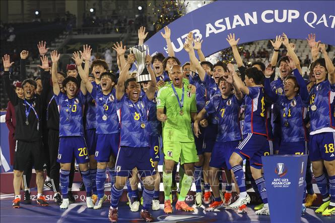 Phút đăng quang vô địch U23 châu Á 2024 của tuyển U23 Nhật Bản tại Doha, Qatar ngày 3/5/2024. Ảnh: AFP/TTXVN
