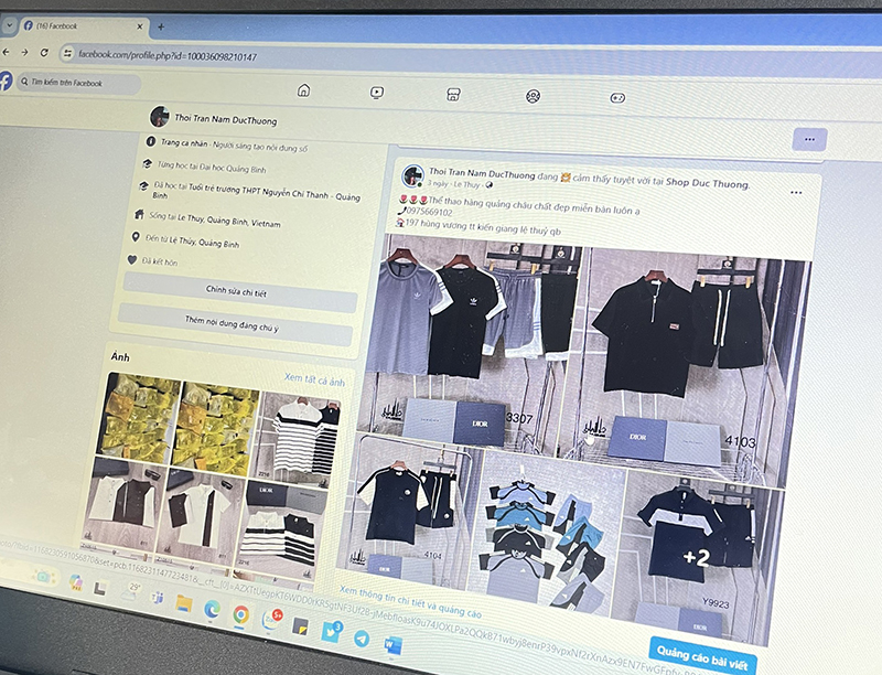 Hình ảnh trang Facebook “Thoi Tran Nam Duc Thuong” buôn bán hàng hóa có dấu hiệu giả mạo nhãn hiệu.