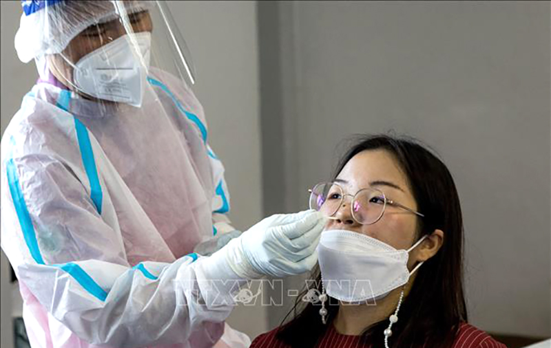 Nhân viên y tế lấy mẫu xét nghiệm COVID-19 cho người dân tại Bangkok, Thái Lan. Ảnh tư liệu: AFP/TTXVN