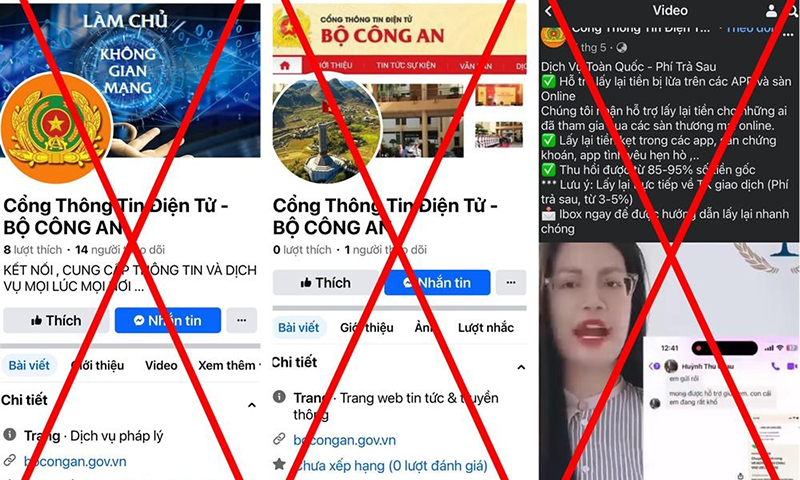 Một số Trang Thông tin mạo danh Cổng Thông tin điện tử Bộ Công an trên Facebook. Ảnh: bocongan.gov.vn