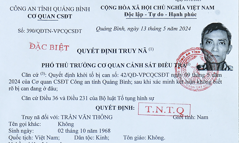 Quyết định truy nã đặc biệt đối tượng Trần Văn Thông liên quan vụ án giết người. 