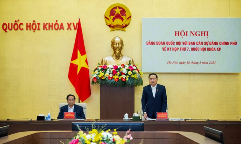 Phó Chủ tịch thường trực Quốc hội Trần Thanh Mẫn (điều hành hoạt động của Quốc hội, Ủy ban Thường vụ Quốc hội) phát biểu tại hội nghị. (Ảnh: Duy Linh)