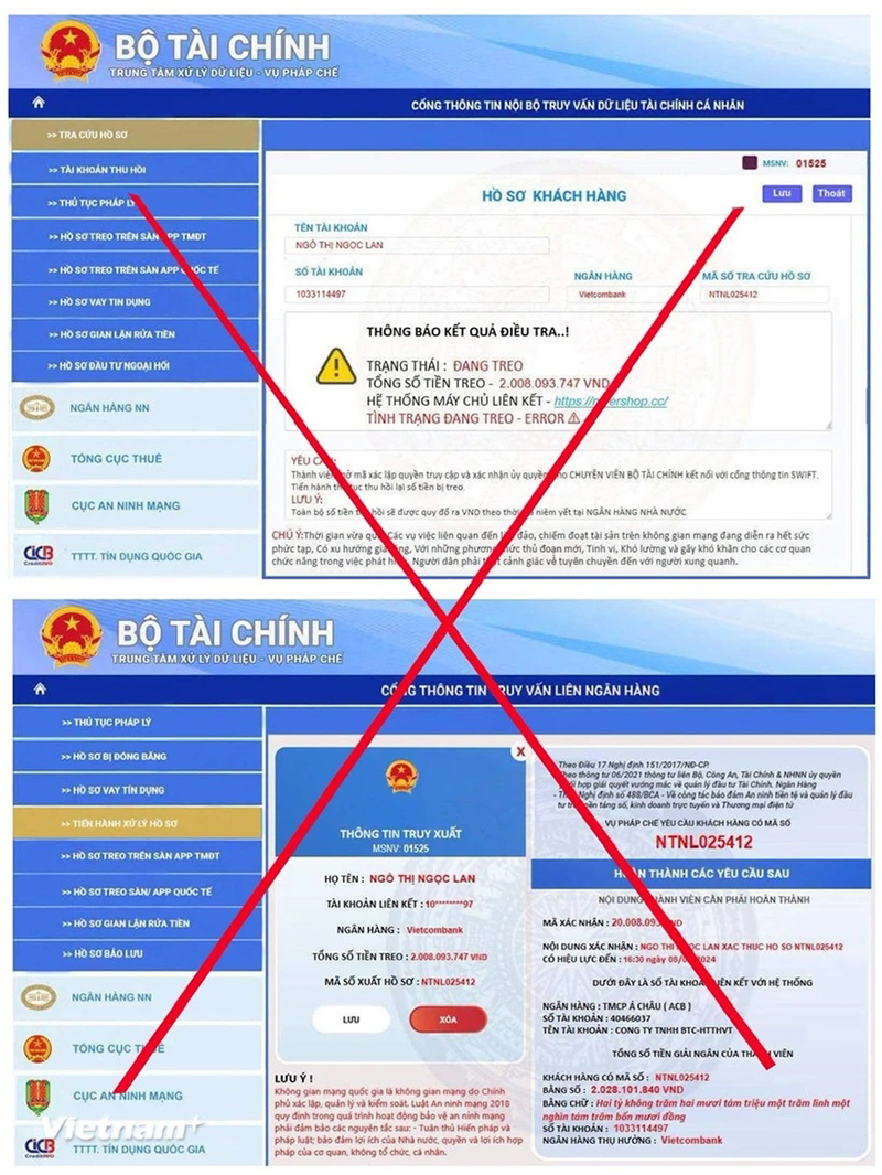 Đối tượng lừa đảo giả mạo trang website của Bộ Tài chính. Ảnh: Vietnam+ 