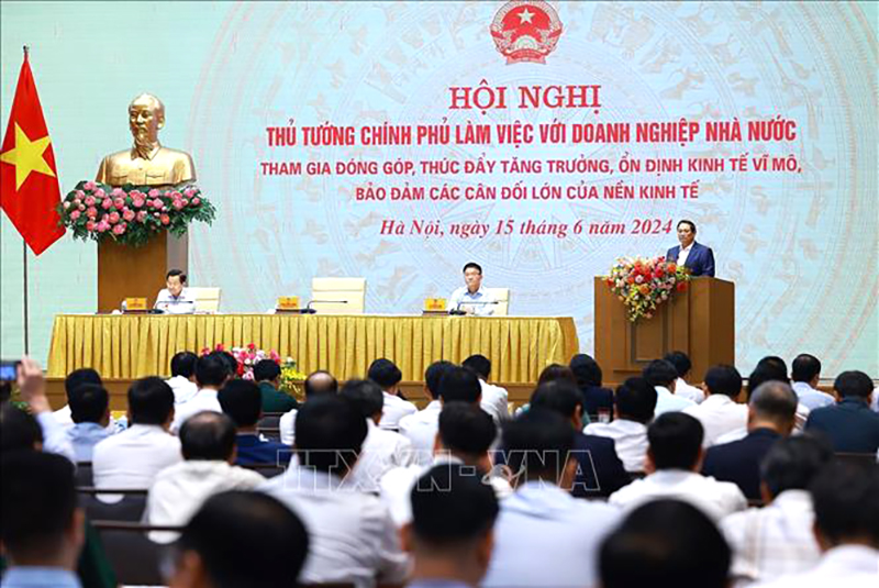 Thủ tướng Phạm Minh Chính phát biểu tại hội nghị Thủ tướng Chính phủ làm việc với doanh nghiệp nhà nước. Ảnh: Dương Giang/TTXVN