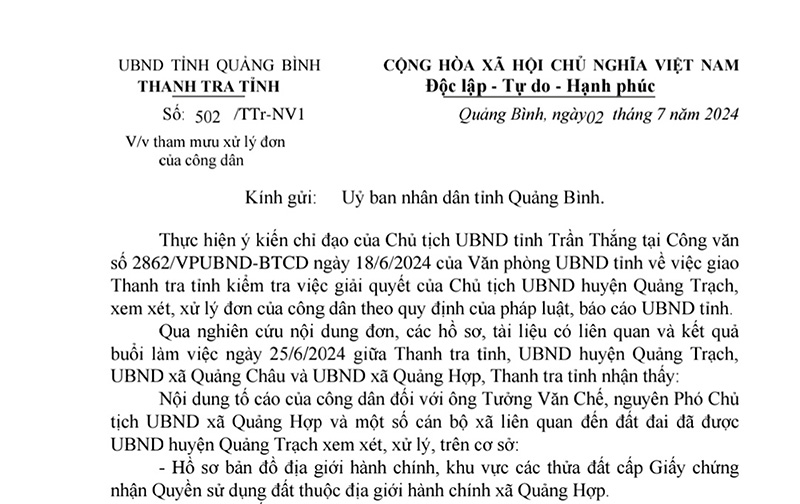 UBND huyện Quảng Trạch đã giải quyết theo đúng quy định