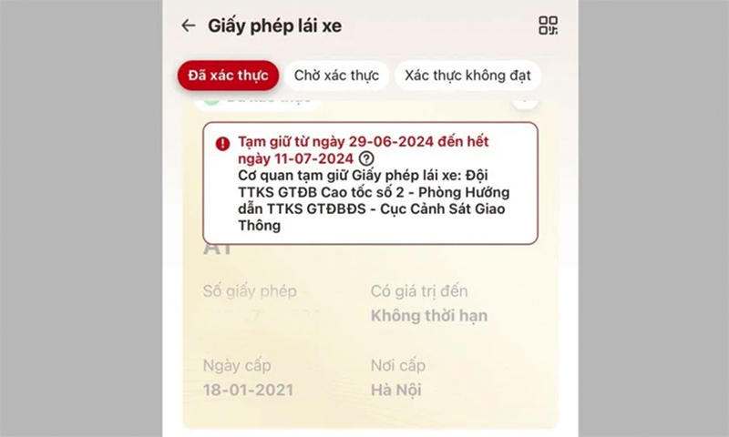Hình ảnh hiển thị tạm giữ Giấy phép lái xe trên VNEID của công dân. (Ảnh: Cục Cảnh sát giao thông)