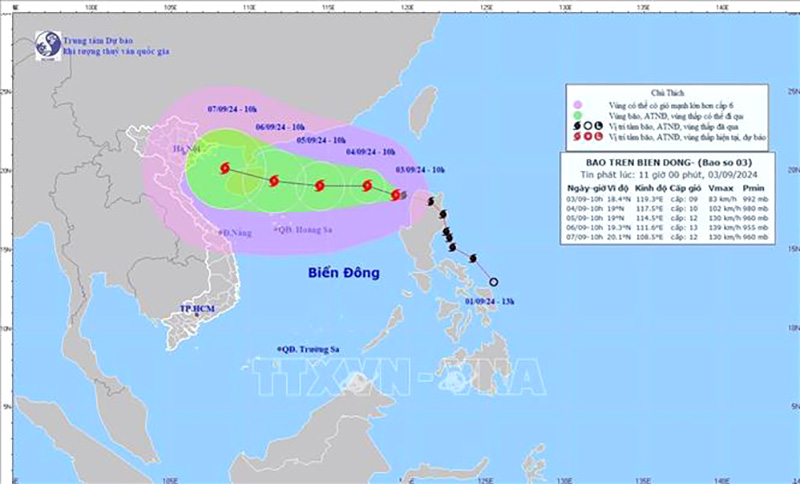 Hướng di chuyển của bão số 3. Ảnh: TTXVN phát