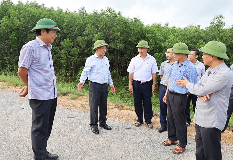  Đồng chí Phó Bí thư Thường trực Tỉnh ủy Trần Hải Châu và đoàn công tác kiểm tra thực địa tuyến đường liên xã phía Tây thị trấn Đồng Lê.