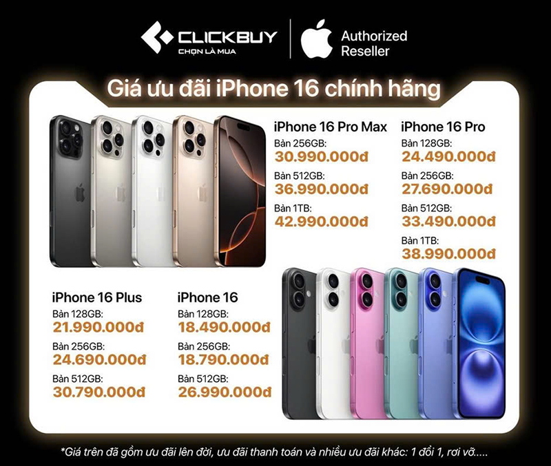 Giá iPhone 16 tại Clickbuy hiện tại chỉ từ 21.990.000 vnđ.