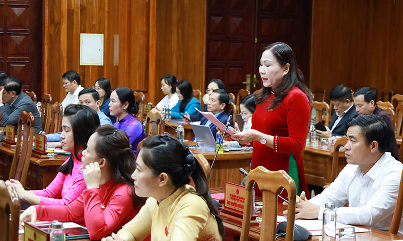 Đại biểu Trần Thị Thanh Phượng chất vấn việc thu thuế các khoản thu dịch vụ phục vụ, hỗ trợ hoạt động giáo dục trong các cơ sở giáo dục công lập trên địa bàn tỉnh.