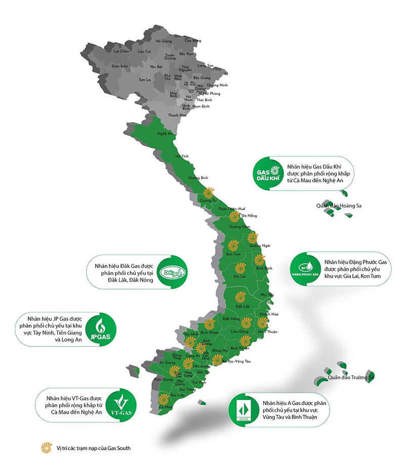 Phân bố các trạm nạp LPG của Gas South.