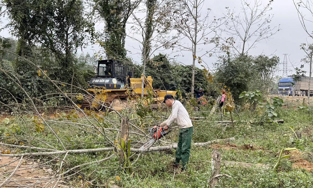 Lực lượng chức năng tiến hành giải phóng mặt bằng.