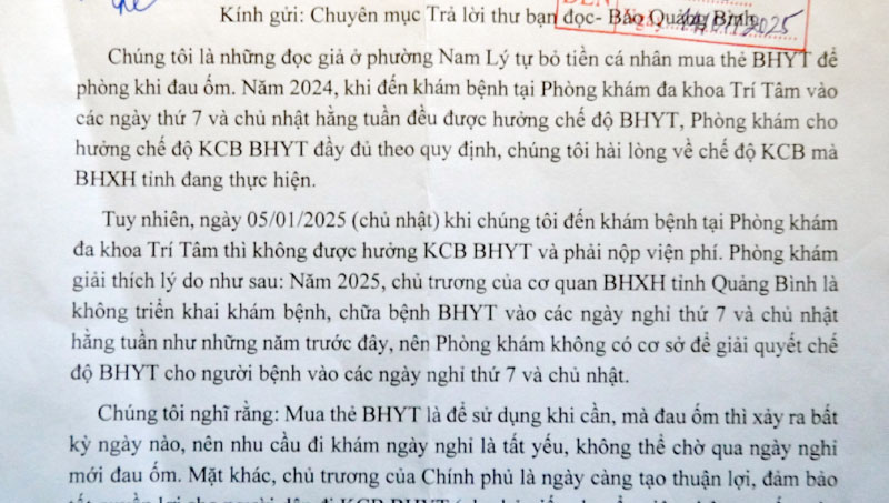 Thư của bạn đọc phường Nam Lý, TP. Đồng Hới đề nghị bảo đảm quyền lợi của người tham gia BHYT.