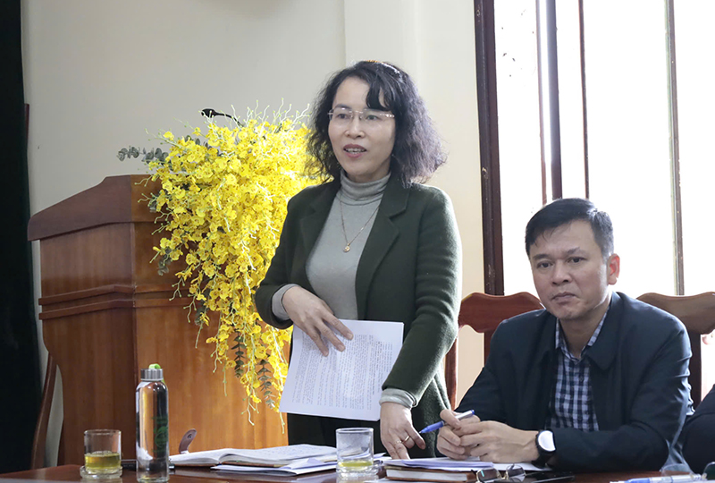 Bà Nguyễn Thị Bích Thuỷ, Tỉnh uỷ viên, Giám đốc Sở Văn hoá và Thể thao phát biểu tại cuộc họp. 