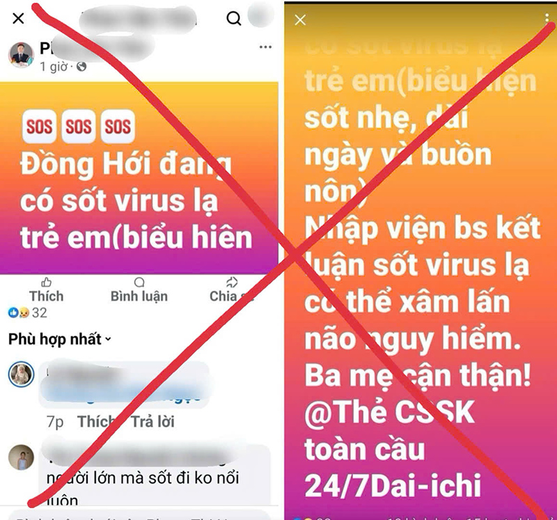 Một tài khoản facebook đăng tin Đồng Hới đang có sốt virus lạ trẻ em (ảnh chụp màn hình).
