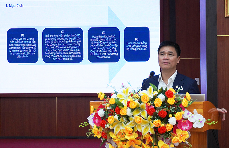  Đồng chí Phó Chủ tịch Tổng LĐLĐ Việt Nam Ngọ Duy Hiểu trình bày chuyên đề tại hội nghị tập huấn.