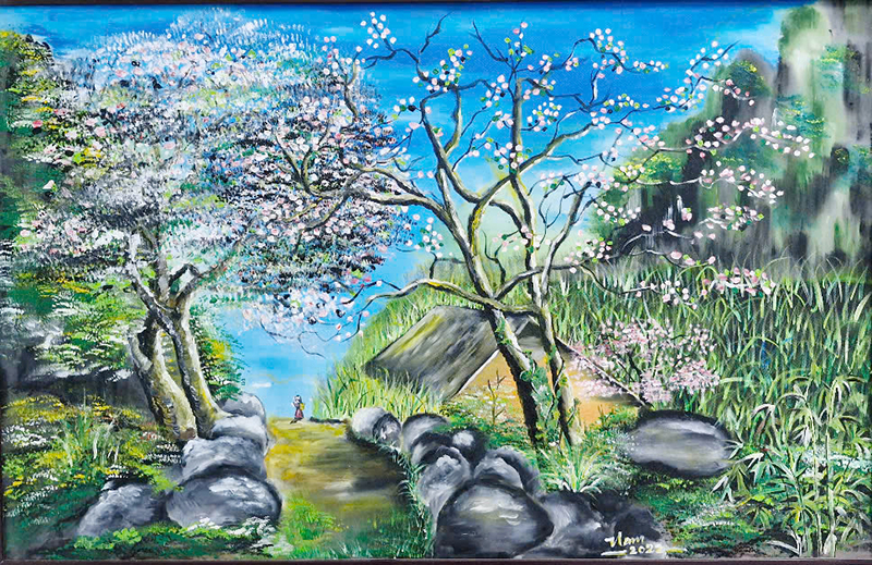 Một bức tranh phong cảnh quê hương do trưởng thôn Cao Thành Nam vừa vẽ xong.